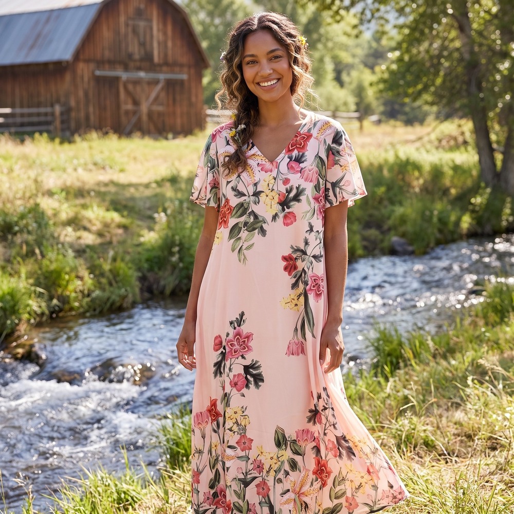 Chico's Floral V-Neck Maxi Dress Womens 2‎ L Pink Flutter Sleeve Pockets Boho